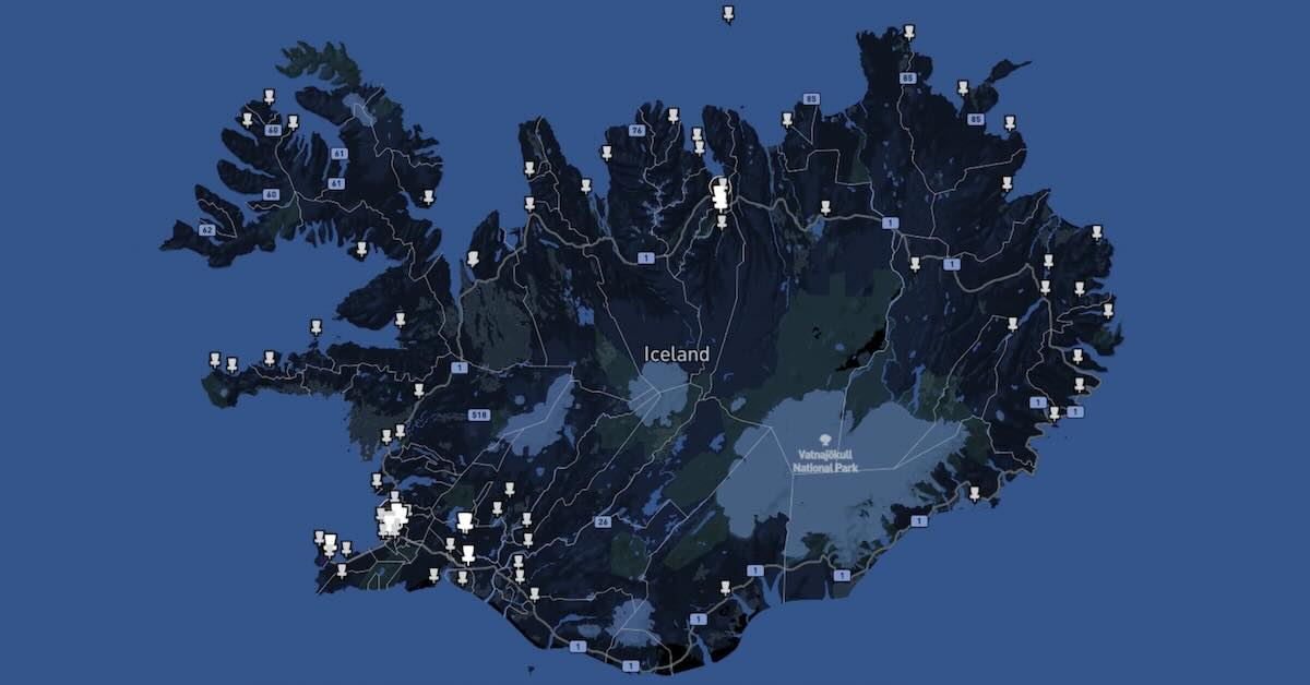Iceland map with disc golf baskets indicating course locations