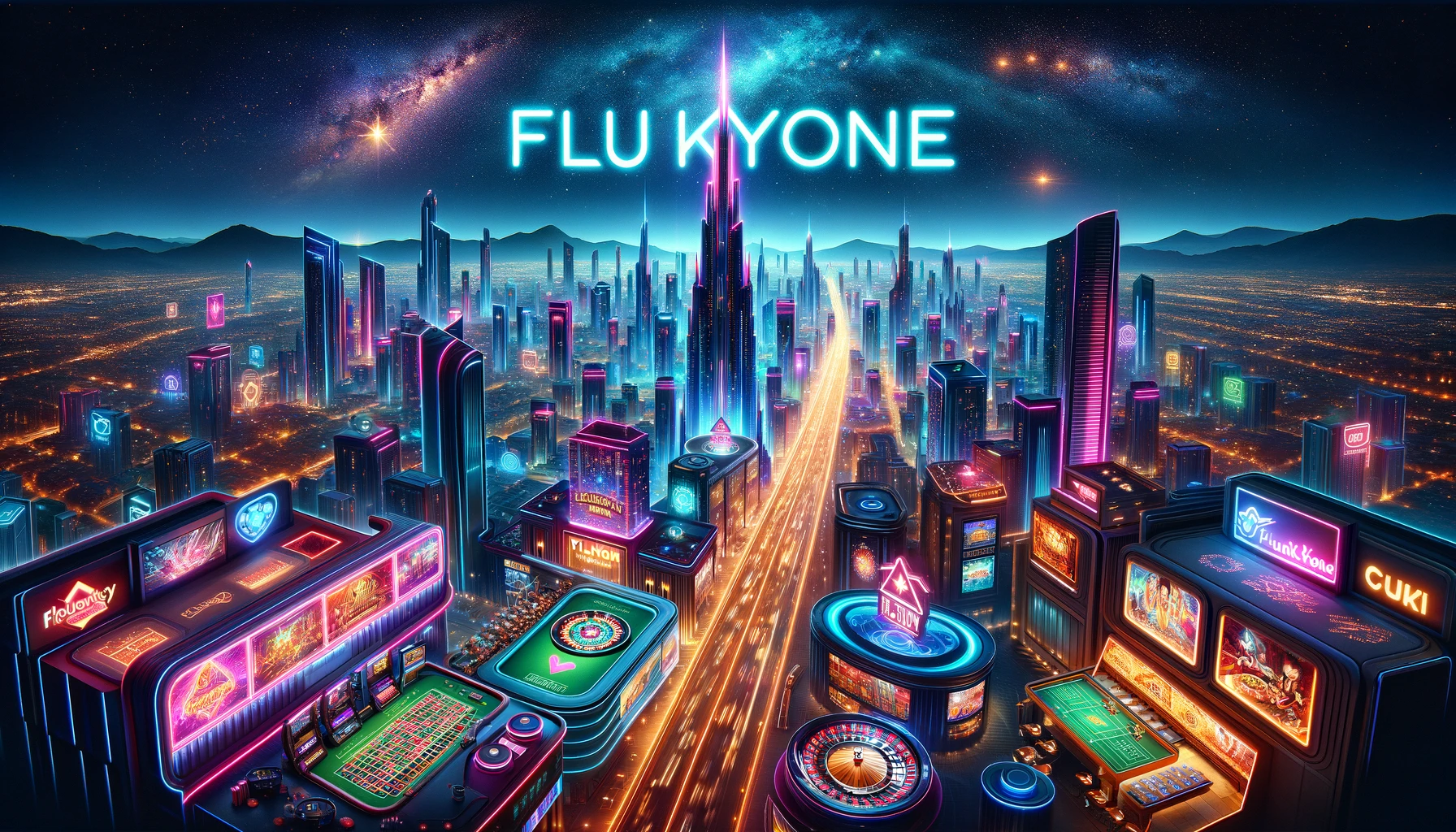 Panoramic view of neon-lit 'FlukyOne' cryptocurrency casino cityscape at TrustDice