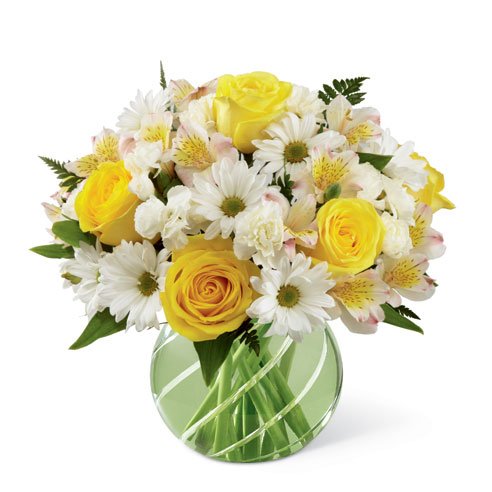 Yellow roses white daisies bouquet in a green bubble bowl flower vase