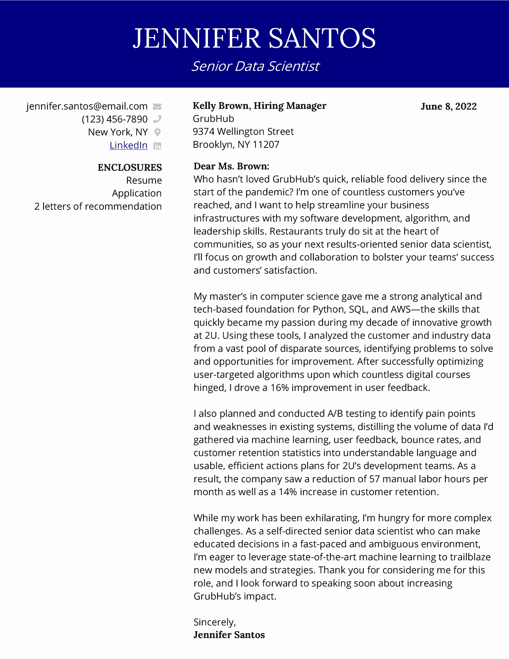 Senior data scientist cover letter with blue contact header