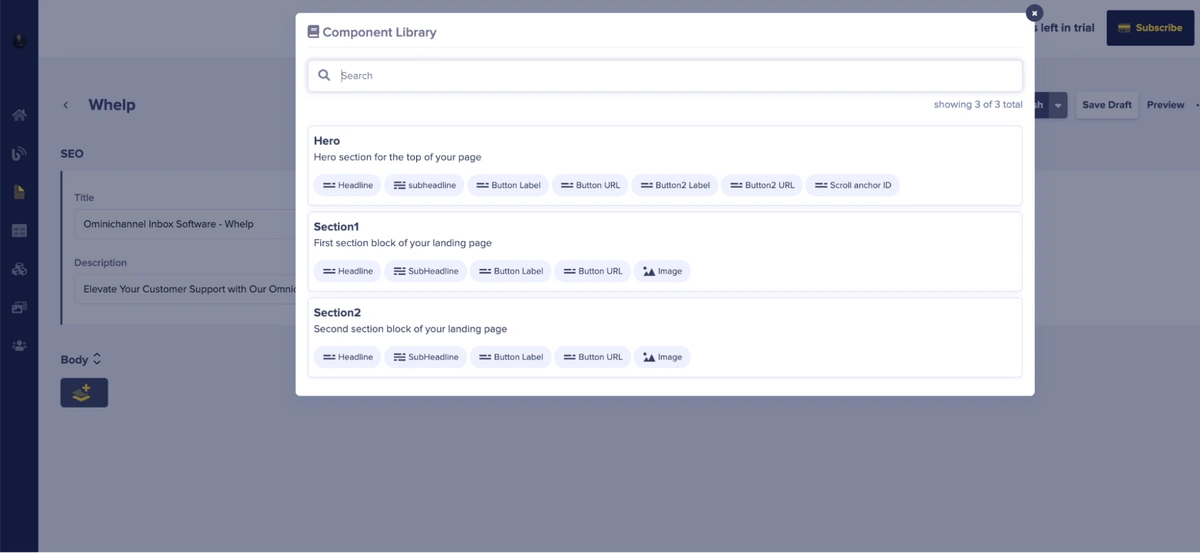 Select component picker to add components to the page