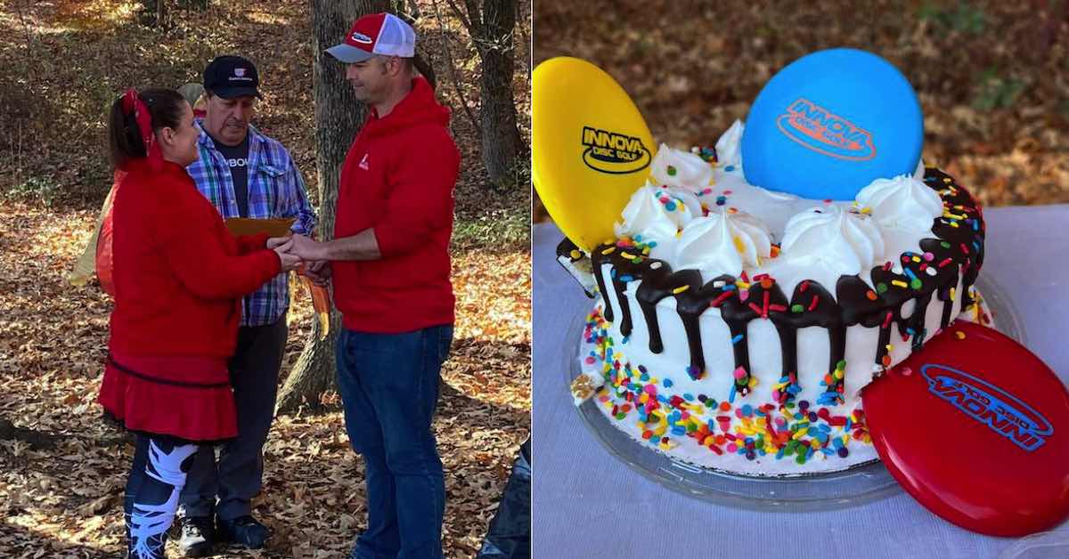 Two photos. Left: Woman and man in outdoor setting with officiant marrying them. Right: An iced and sprinkled cake with disc golf minis in it