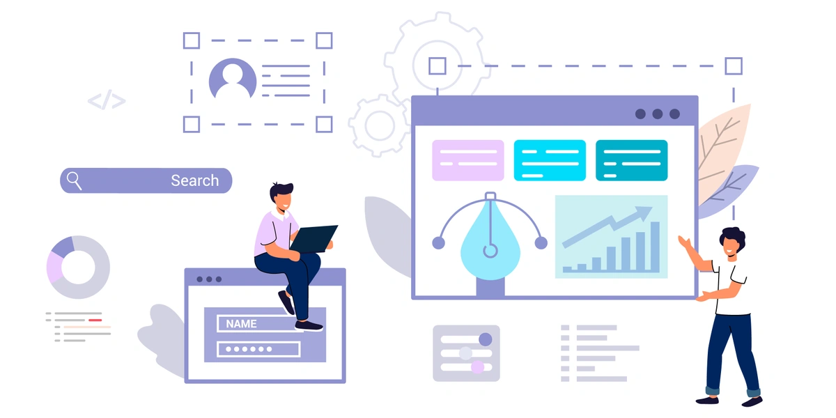 A graphic of two people engaging with digital interfaces, one sitting on a login screen and the other presenting a graph, illustrating web development and data analysis.