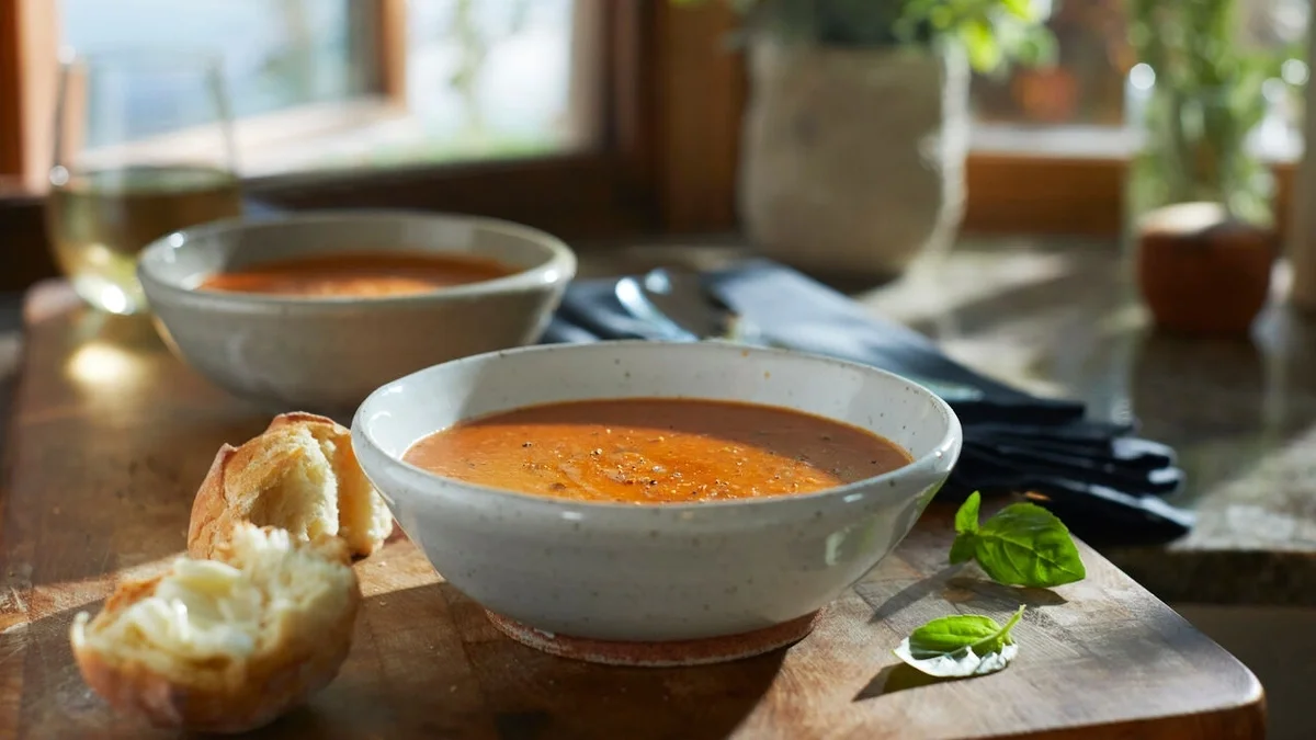 Two bowls of creamy tomato soup served on a wooden board beside a fresh roll, with basil leaves and soft window light creating a cozy kitchen setting.