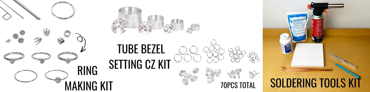Stone setting kits from Halstead: Ring making kit with prong settings, tube bezel settings, and CZs; Sterling silver tube bezel kit with CZs; Soldering tools kit