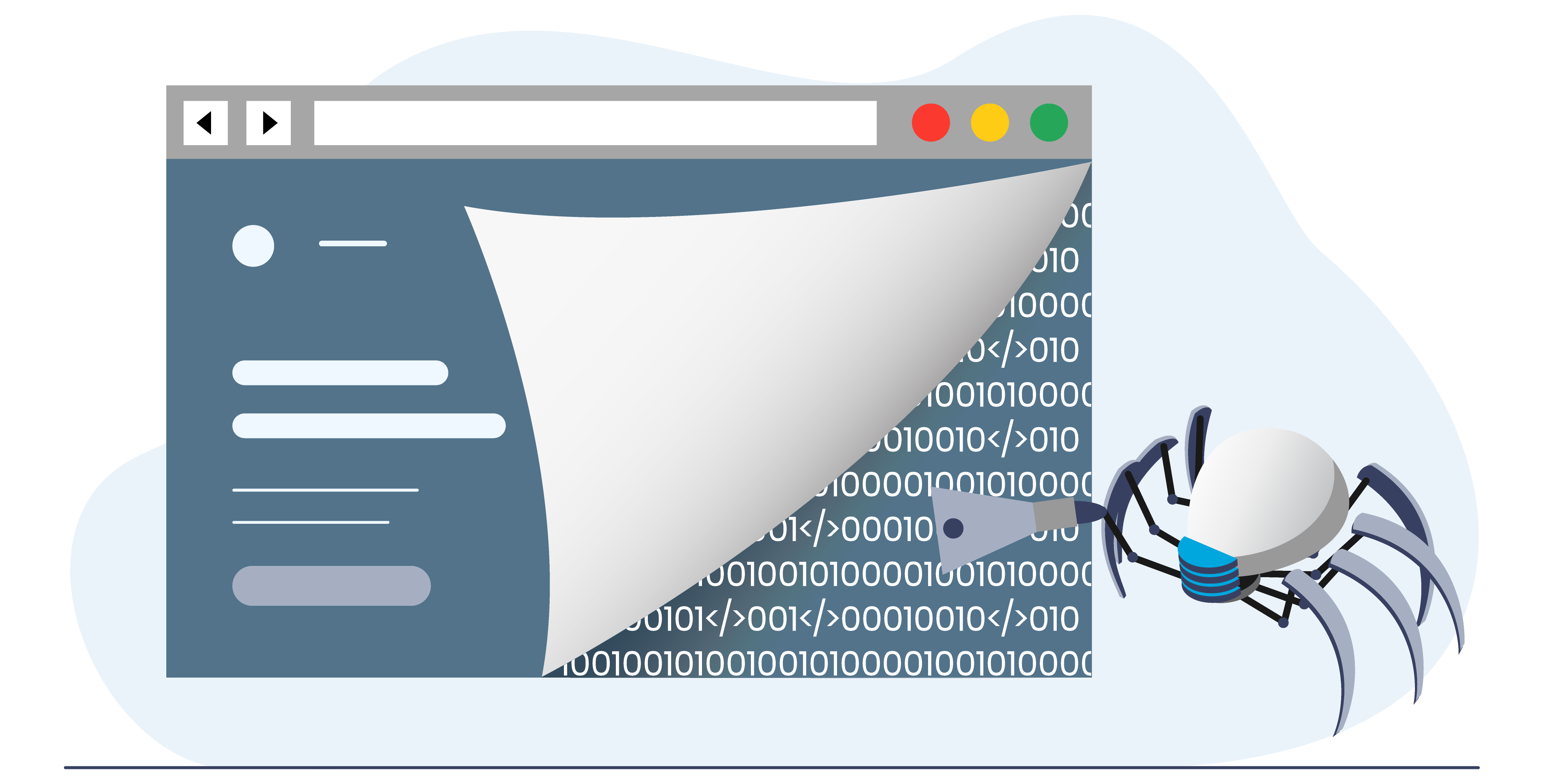 Illustration: A web crawler scraping off data from behind a pulled up web page. 