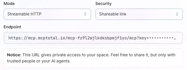 Snippet shows the streaming HTTP mode with shareable link security selected and the resulting endpoint.