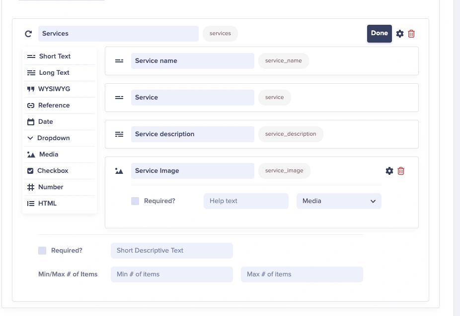 Hugo landing page Services component configuration