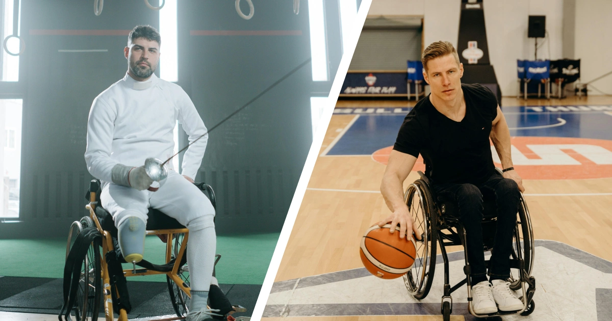 A split photo of two athletes in wheelchairs. On the left a fencer, and on the right a basketball player.