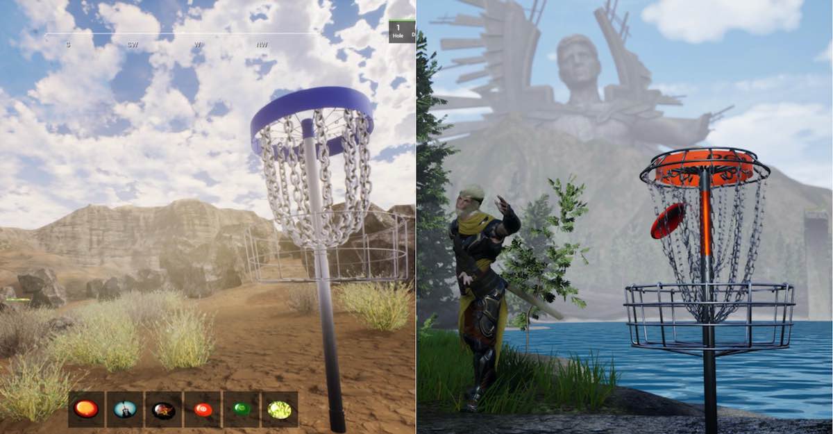Two images of baskets from disc golf computer games. On the right, a fantastic human-like creature putts a disc.