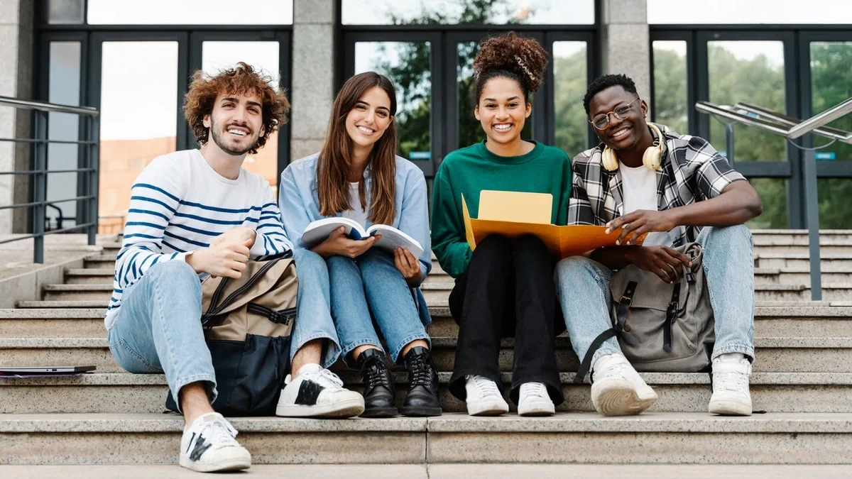 Four college students sitting together on outdoor steps, smiling while holding notebooks and textbooks between classes.