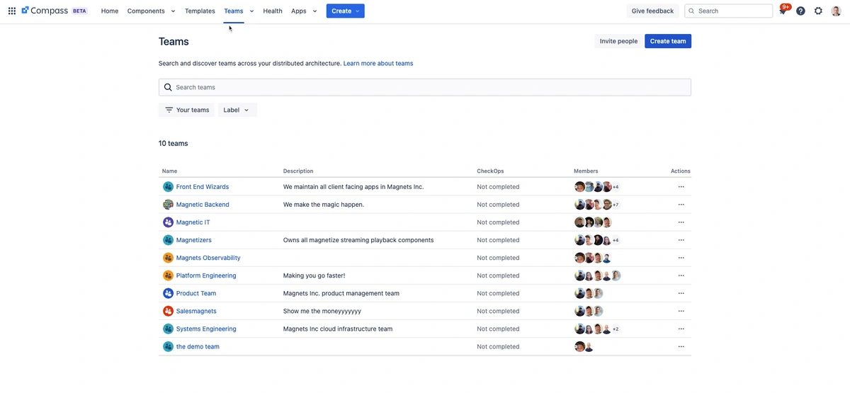 Screenshot of Atlassian Compass Teams page, displaying a list of teams in a distributed architecture setup.