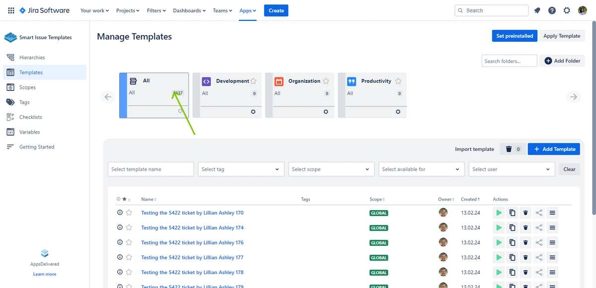 A screenshot of a Jira Software management interface showing a list of templates focused on development, organization, and productivity.
