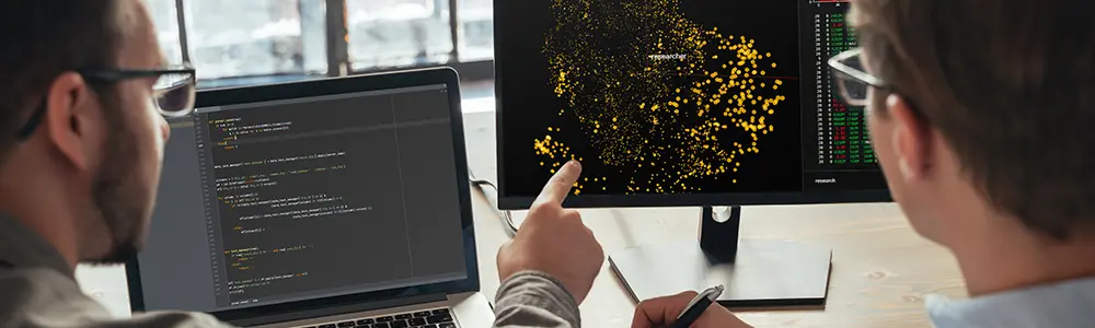 two professionals looking at data on a computer screen