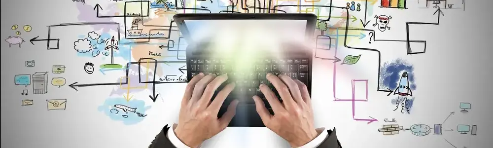 person on laptop surrounded by illustrations