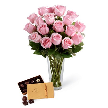 Pink roses and chocolate birthday flowers for your wife