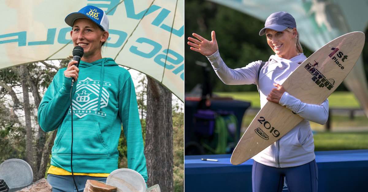 Two photos. One of a woman in ball cap and hoodie speaking into a microphone and the other of a woman holding a small wooden surfboard that says "1st Place" on it and waving and smiling