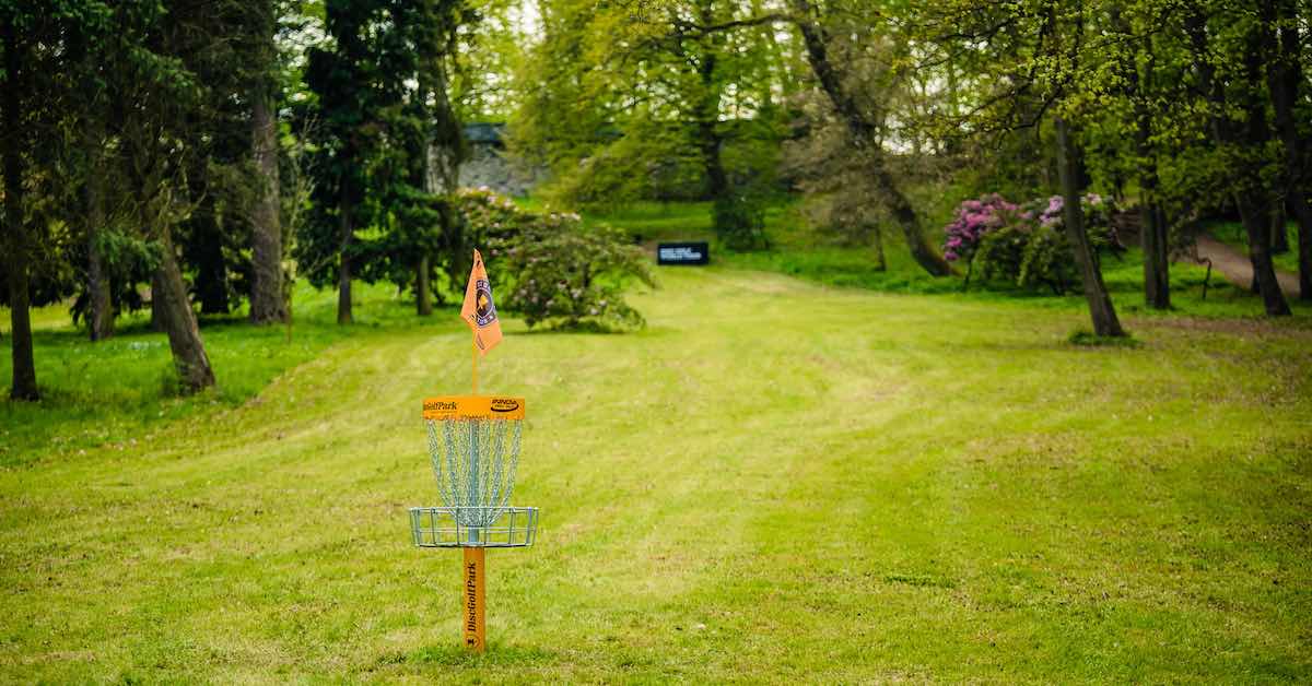A disc golf basket in a mown area surrounded by older trees and flowering bushes