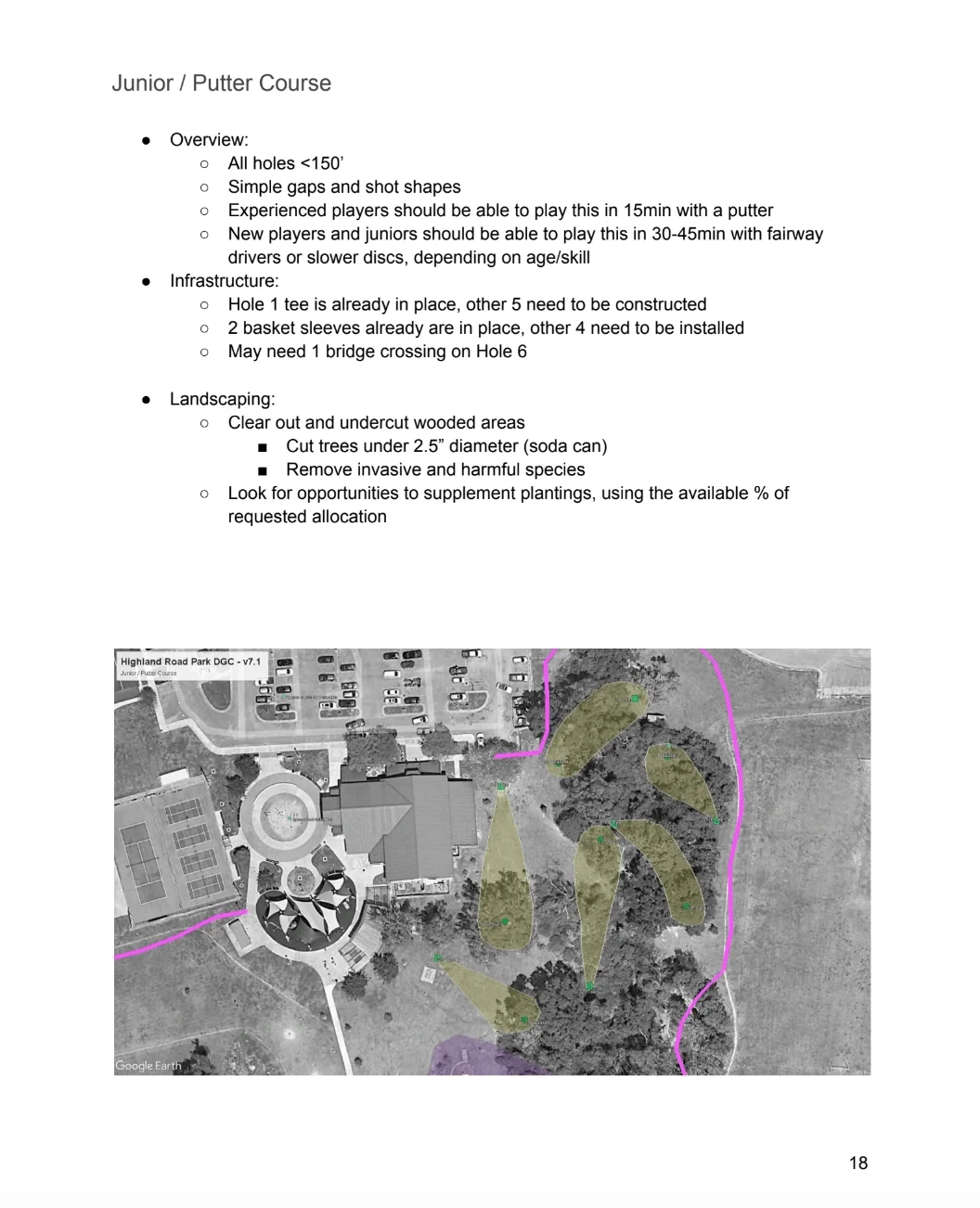 A black and white aerial photo of an area with disc golf hole plans drawn on it