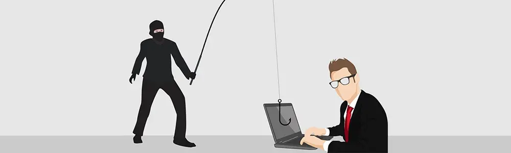 illustration of man in black body suit fishing with hook over laptop of business professional