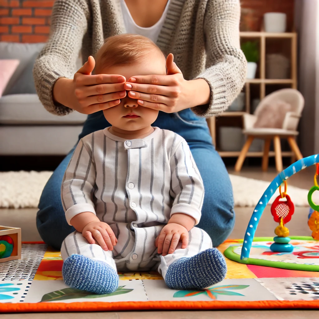 DALL·E 2025-02-13 13.56.05 - A baby around 10-12 months old sitting on a play mat, showing no reaction to a parent playing peek-a-boo. The parent is covering and uncovering their .webp