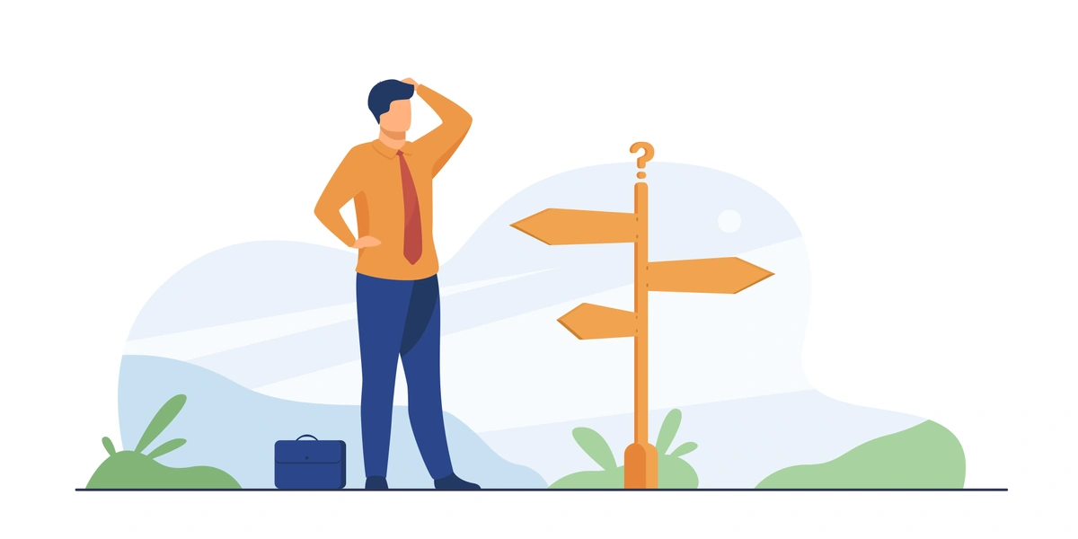  An illustration of a man standing at a crossroads, looking confused at a direction sign with multiple arrows and a question mark on top, symbolizing decision-making or career choices.