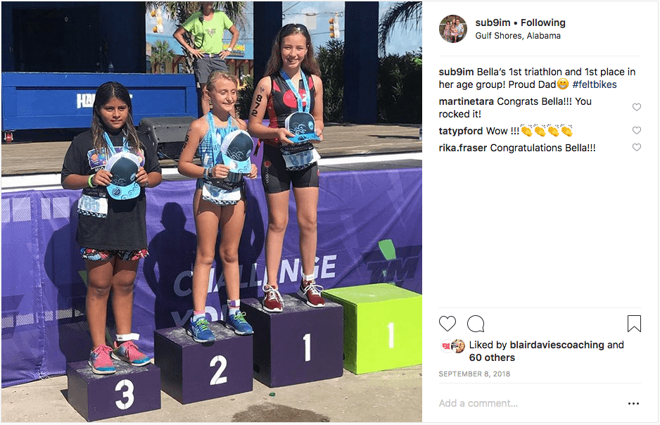 Cam's Instagram post of triathlon results