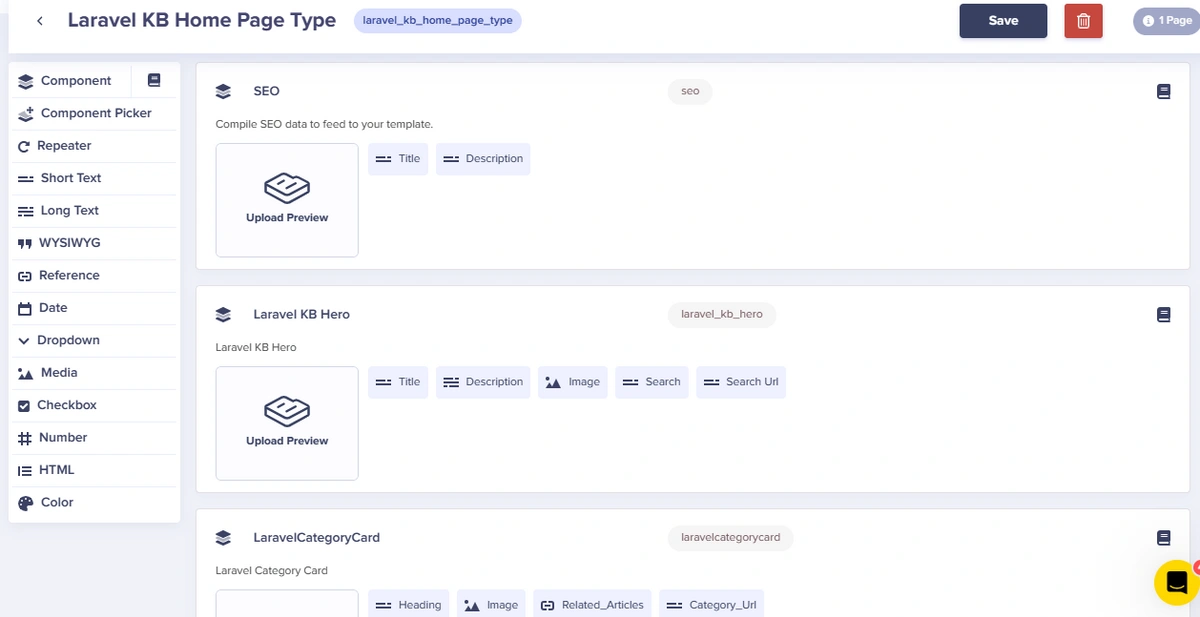 Laravel KB Homepage schema configuration