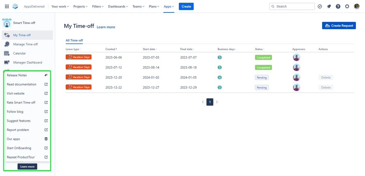 A screenshot of a user interface from a time-off management system, showing a list of leave requests along with details such as type, creation date, start and end dates, the number of business days taken, and approval status. Options to create a new request and perform actions on existing ones are visible.