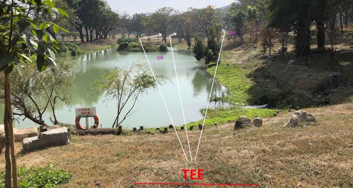 Lines drawn to show a disc golf hole played over water in a park