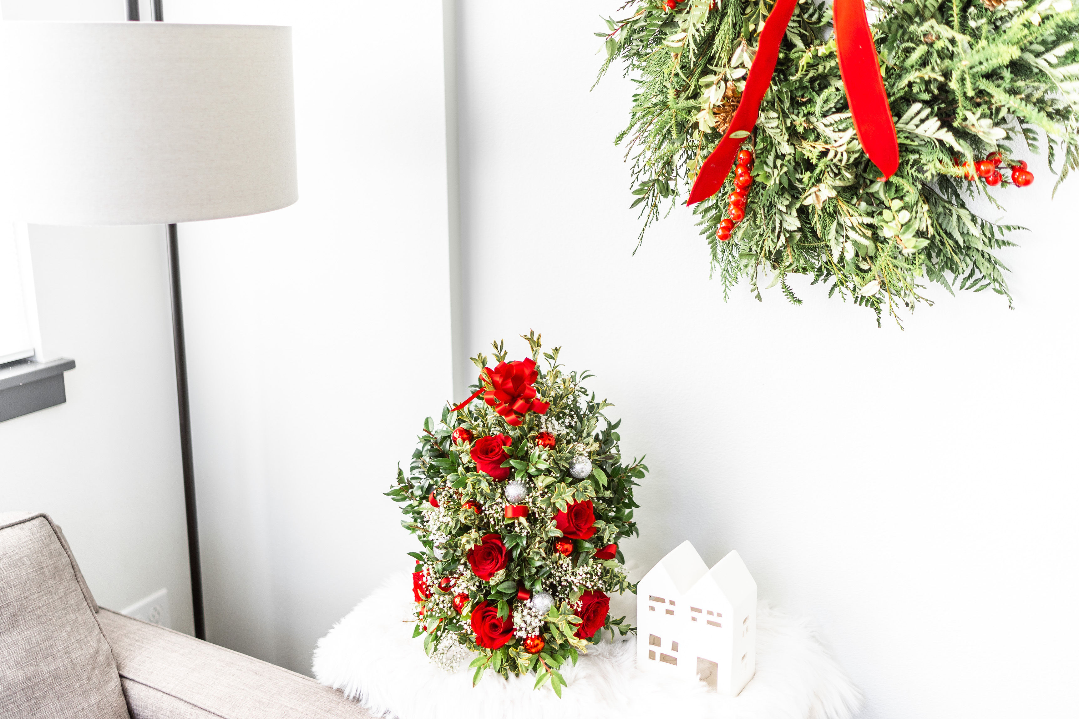 Mini-Christmas Tree and Wreath in A Living Room