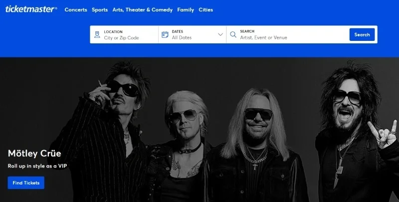 Ticketmaster homepage with concert search for sports, theater and live events