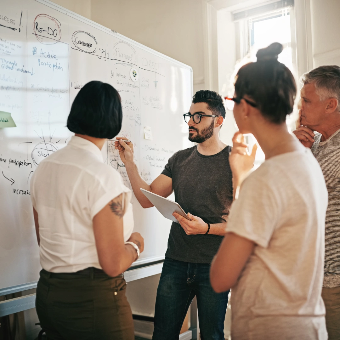 A team of people gathered around a white board.