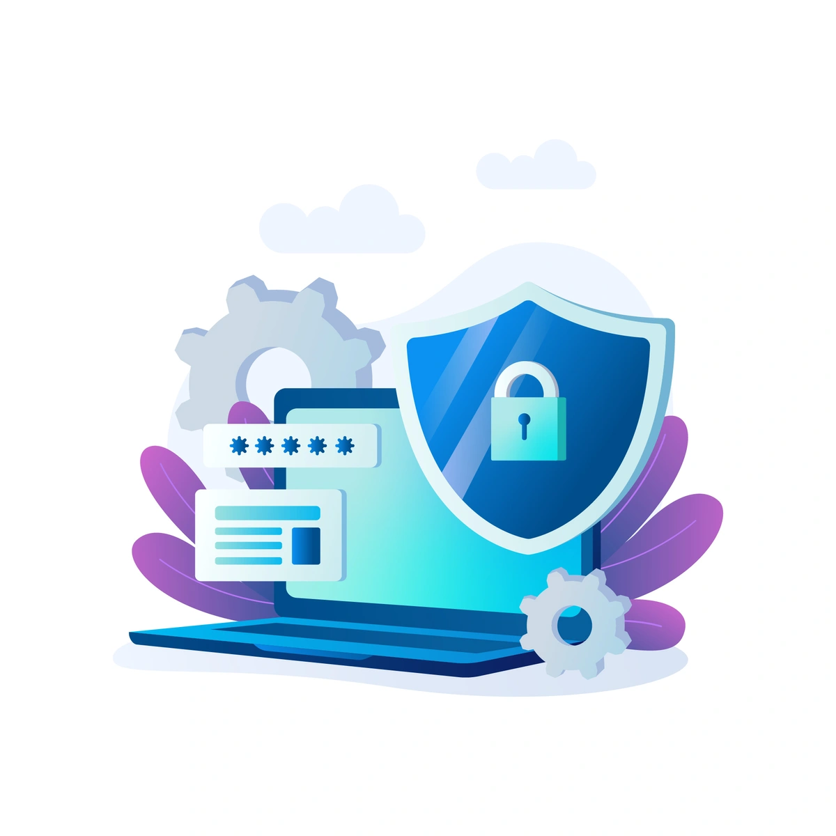 The first image is an iconographic representation of cybersecurity, featuring a laptop with a protective shield and lock icon, surrounded by gears, leaves, and clouds.