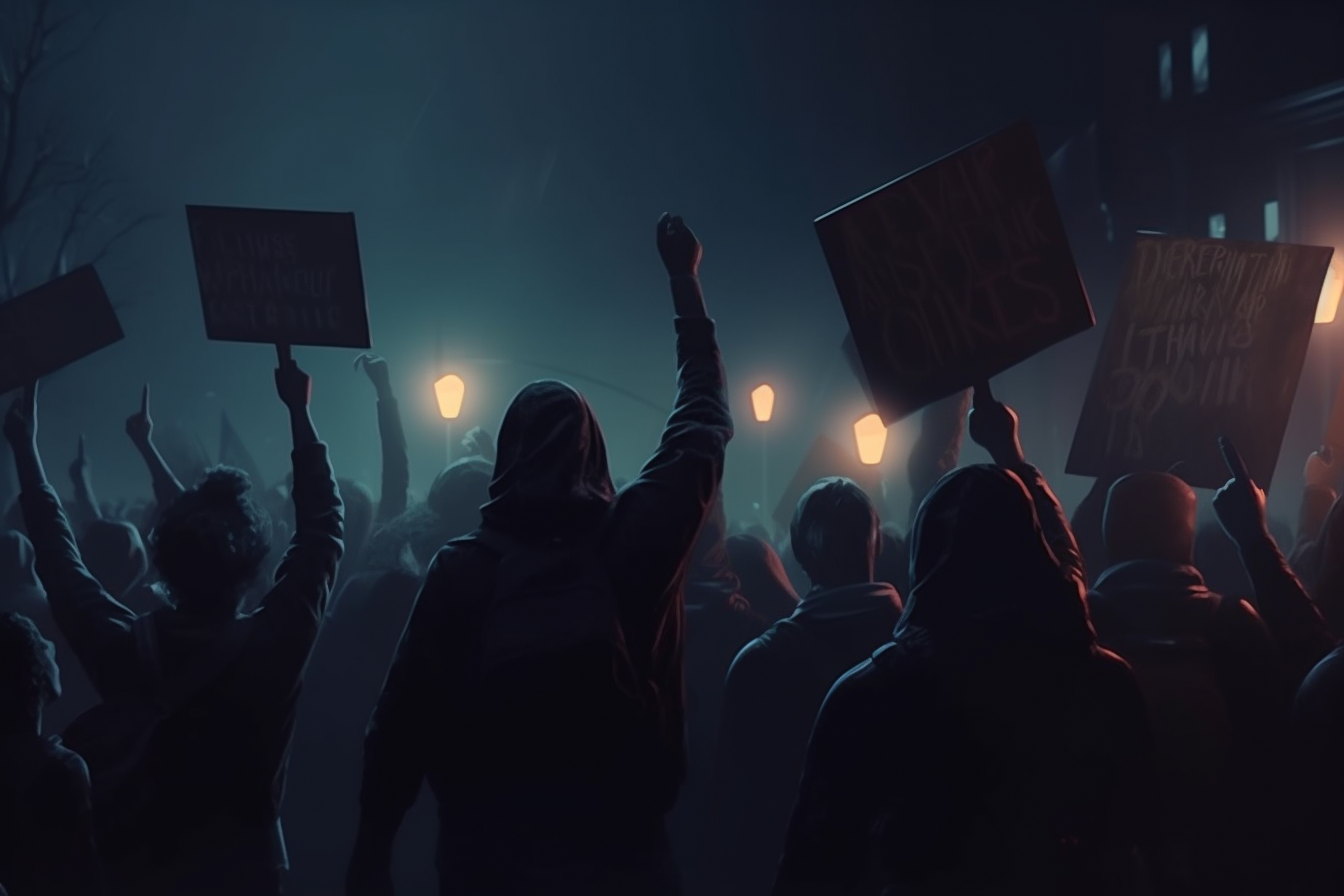 A group of people holding signs, including one that says 'Stop It,' during a nighttime protest with streetlights in the background.