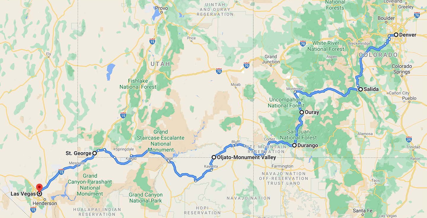 Denver To Las Vegas Road Trip Map Exploring The Twisties From Denver To Vegas