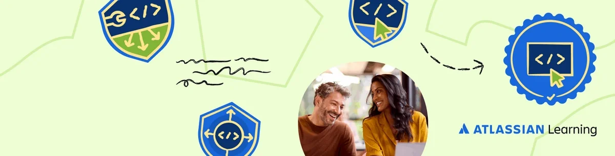 Illustration of coding badges and the Atlassian Learning logo with two people collaborating at a laptop.