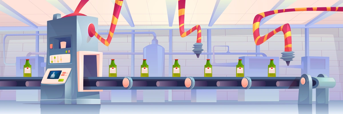 A stylized factory assembly line producing bottles, representing industrial automation or manufacturing processes.