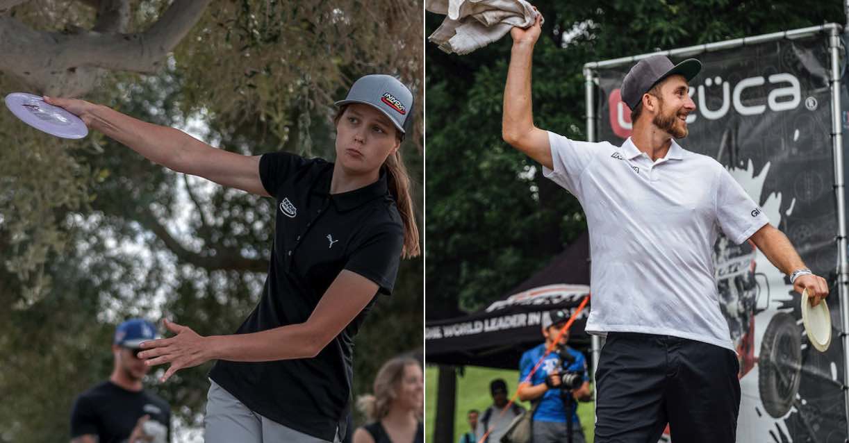 Two photos. Left- a woman in a cap practicing a disc golf throw. Right: A young man with a bear and cap smiles and waves a towel