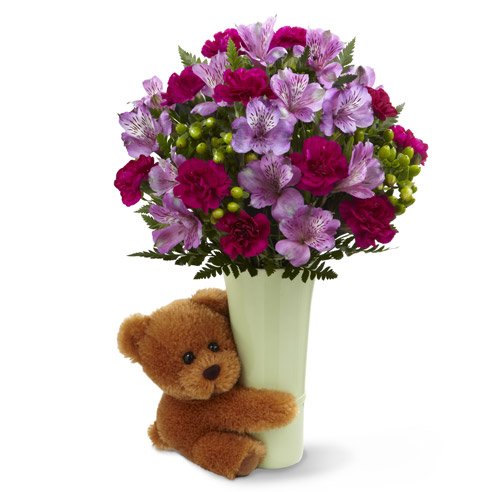 Purple alstroemeria flower bouquet with teddy bear, when to not send flowers