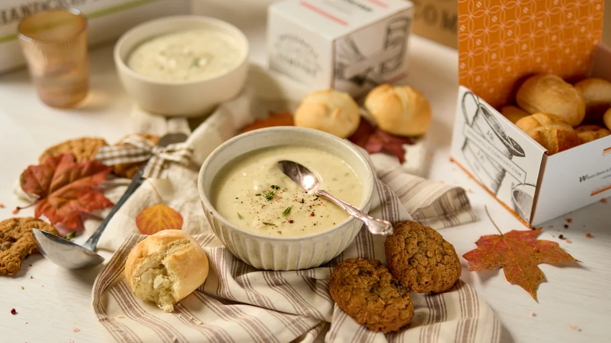 Close-up of a bowl of Potato soup garnished with cream and herbs, surrounded by rolls, cookies, and a spoon on a white serving board and gingham towel.