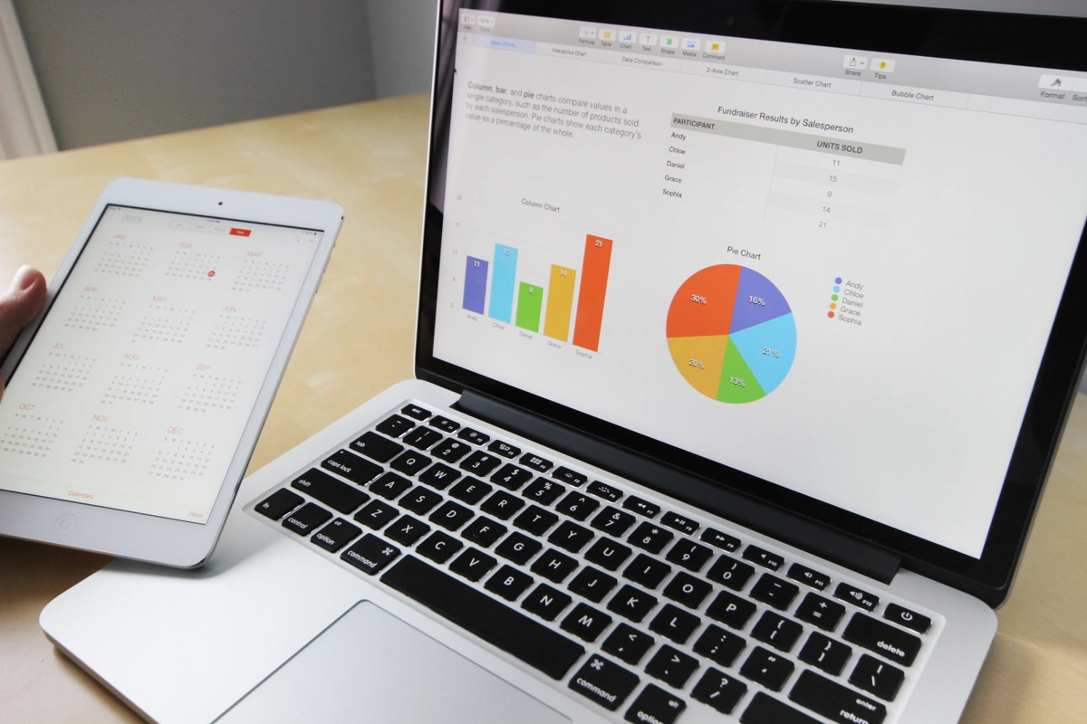 Laptop showing charts and graphs regarding sales and marketing