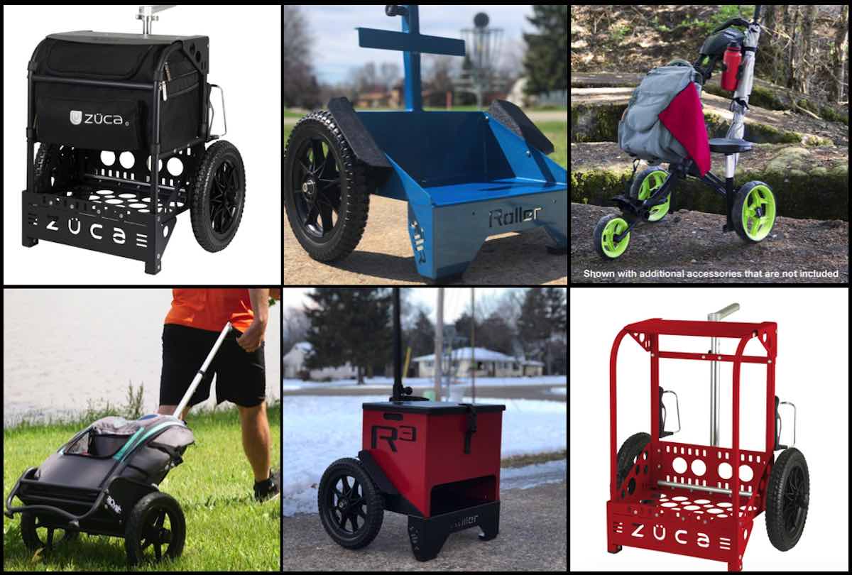 A collage of six different disc golf carts
