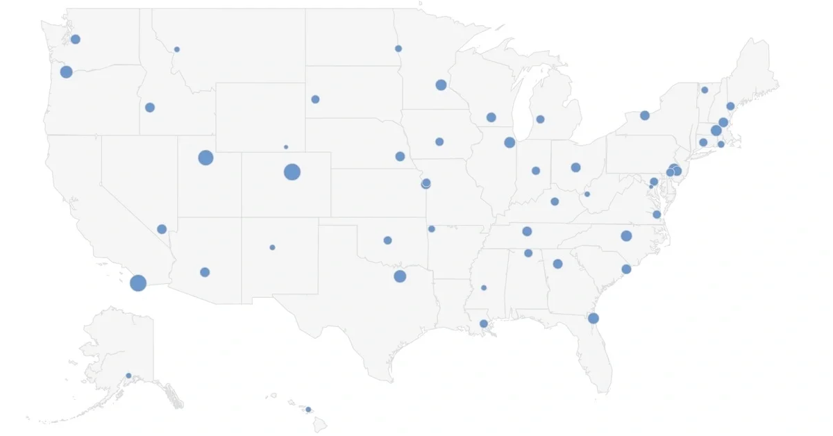 A map of the U.S. in gray with blue dots indicating the most popular course in each state's location from 2025