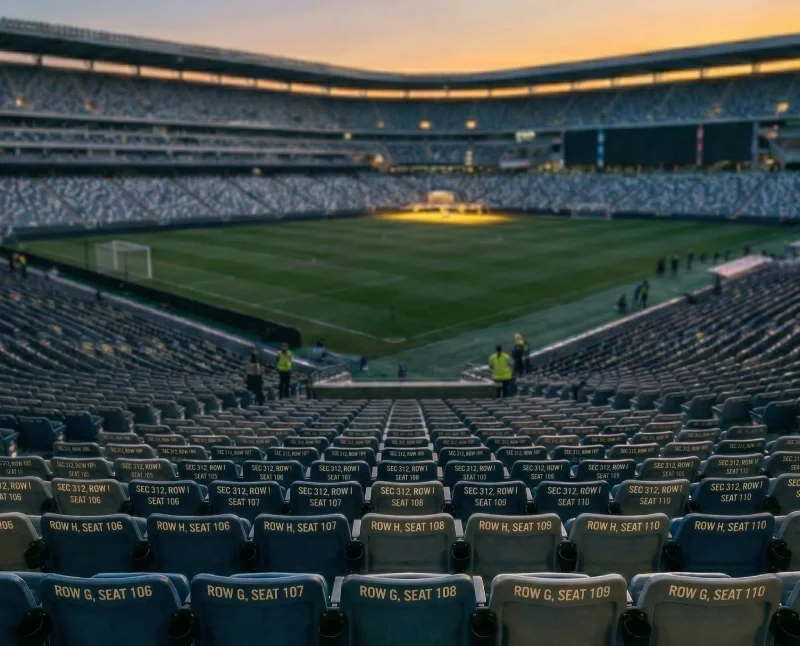 Stadium reserved seating sections with labeled row and seat numbers at sunset