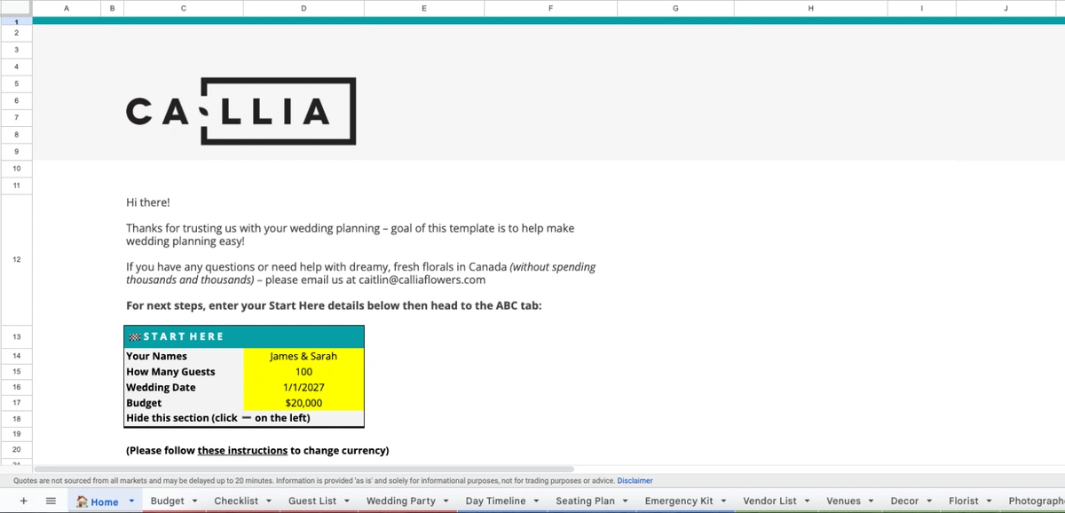 Screenshot of the wedding planning template featuring the Home tab where a user enters their wedding budget, date, number of guests and names.