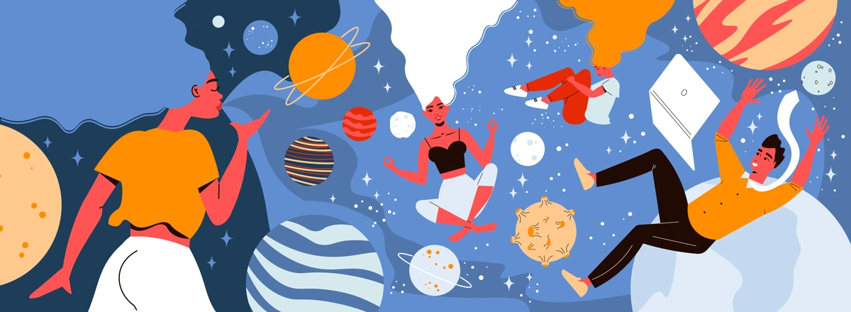 A whimsical illustration of people in space with planets, suggesting creativity, exploration, or learning.