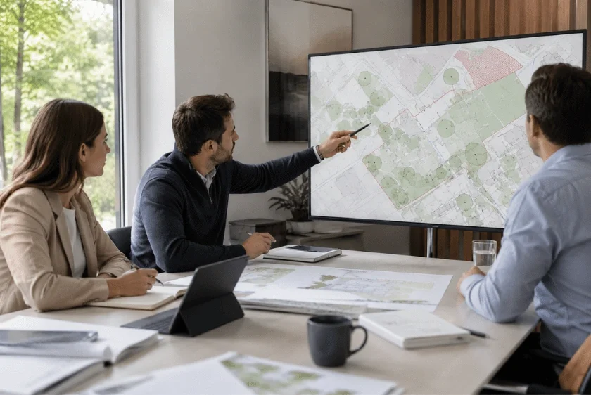 Project team reviewing a site map with tree and planning constraints before submitting a planning application.