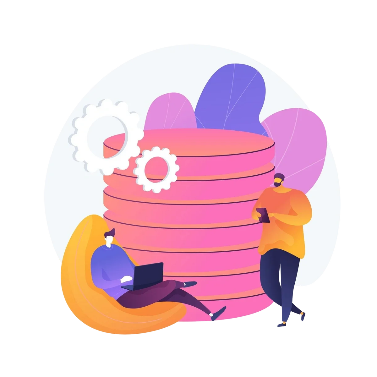 Illustration of two people working with large stacked disks representing data storage.