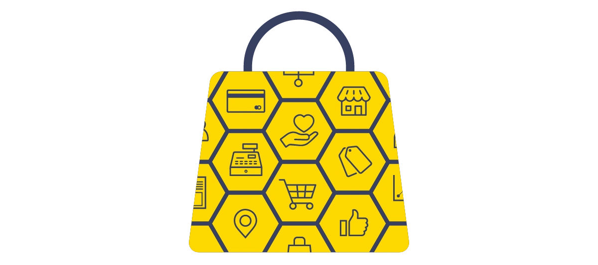 A shopping bag made up of different icons related to ecommerce